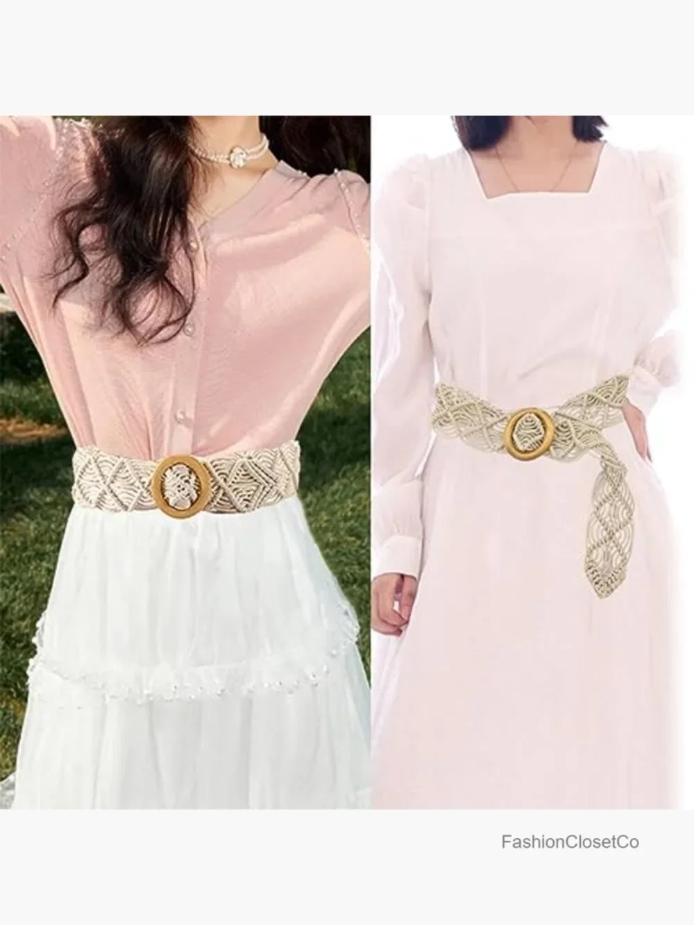 Boho Woven Rattan Straw Rope Braid Waist Belt with O-Ring Wooden Buckle